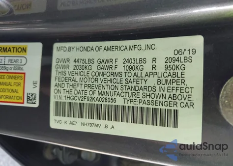 2019 Honda Accord Touring из США, поврежденный, VIN 1HGCV2F92KA028056